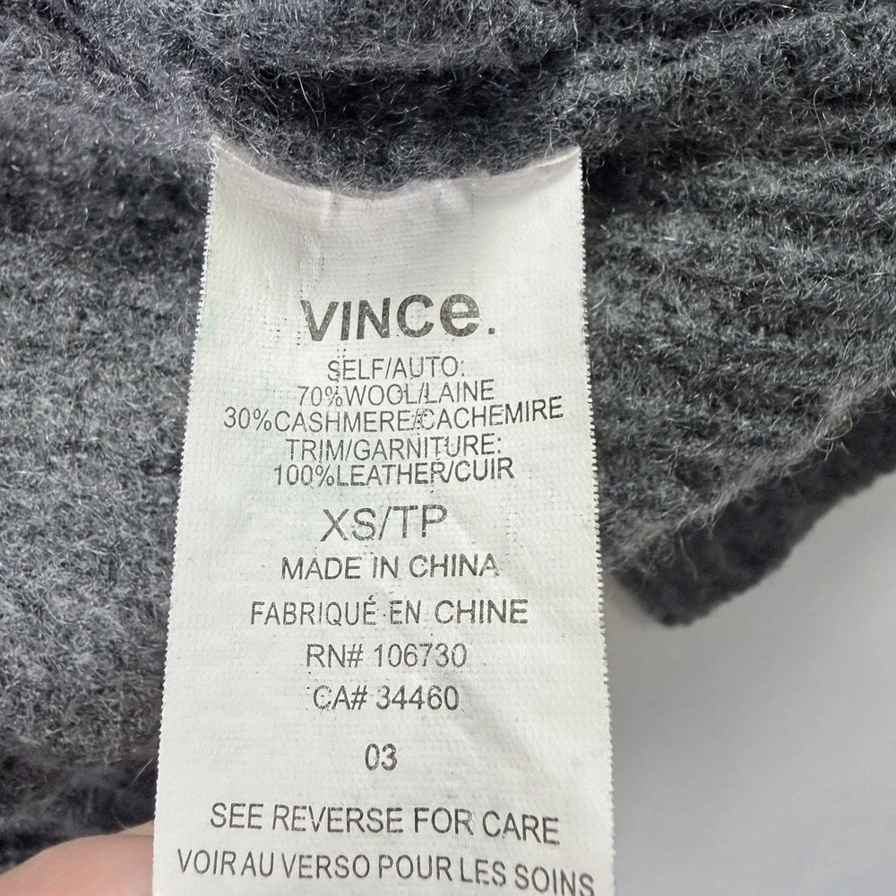VINCE Cashmere Wool Blend Cardigan Leather Trim Open Front‎ XS Dark Gray Lux